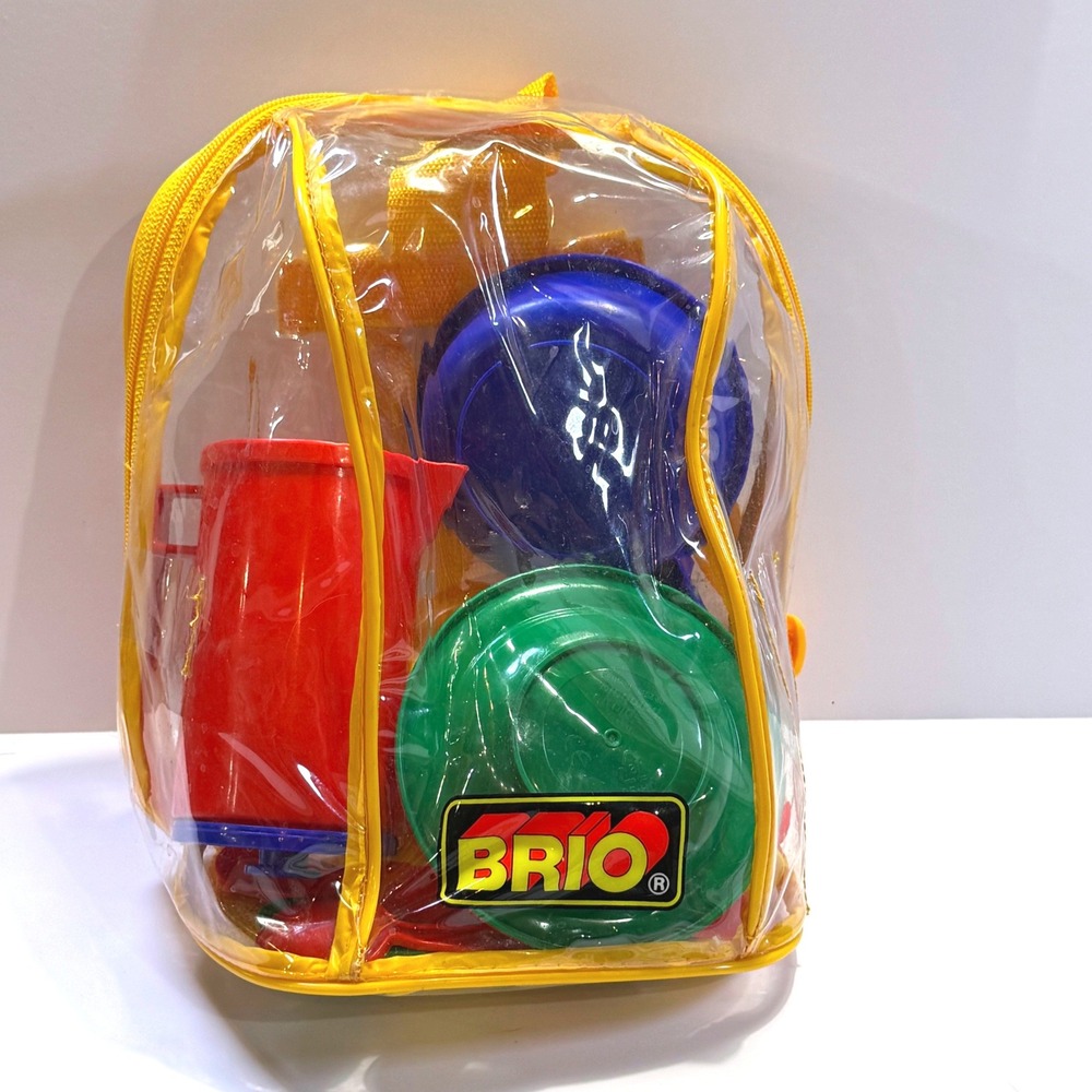 Vintage Brio Play Kitchen Dishes Set with Clear Yellow Backpack Primary Colors